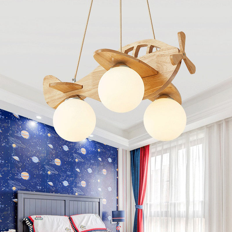 Lumineur en forme d'avion en bois massif Lumière 3-Light White White Grosted Ball Ball Shade Lighting For Salle pour enfants