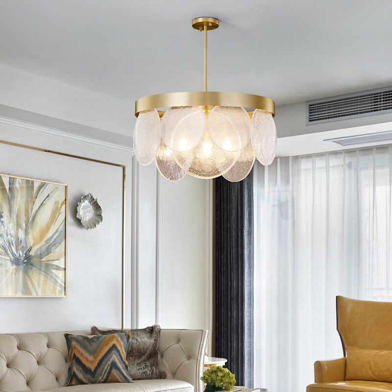 Rounded Sheet Seeded Glass Chandelier Light Golden Electroplated Stainless Steel Lighting Fixture for Bedroom Living Room