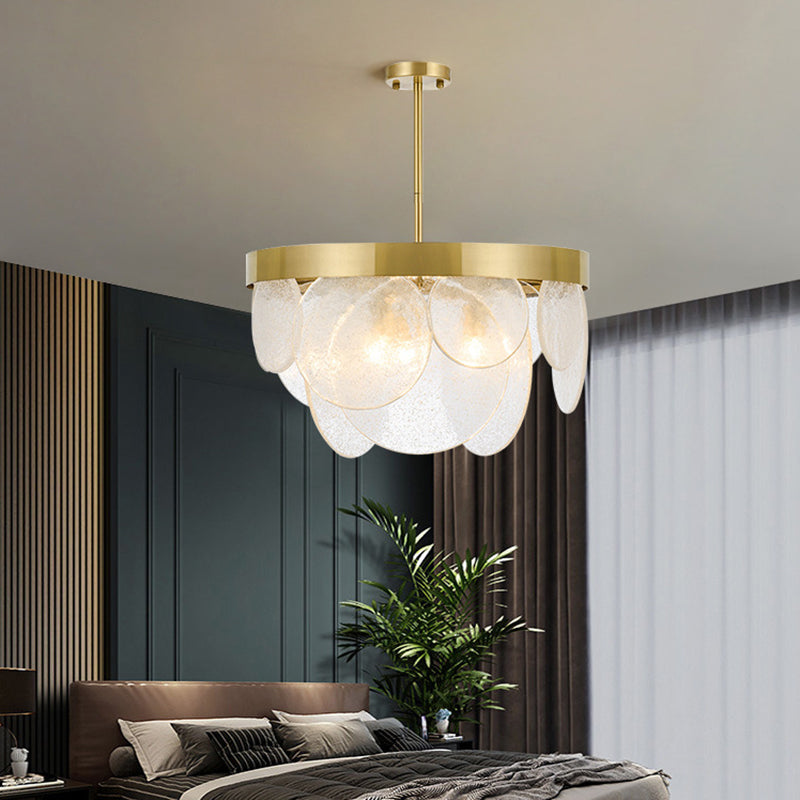 Rounded Sheet Seeded Glass Chandelier Light Golden Electroplated Stainless Steel Lighting Fixture for Bedroom Living Room