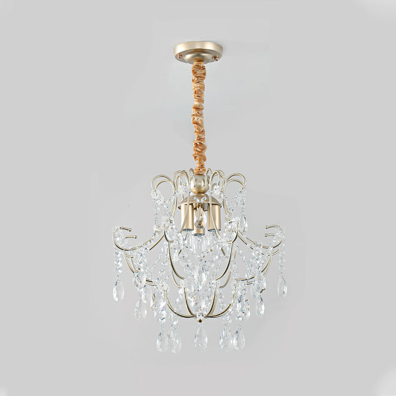 Bent Armed Metal Pendant Chandelier Transitional 3-Light Gold Ceiling Light Fixture with Crystal Draping