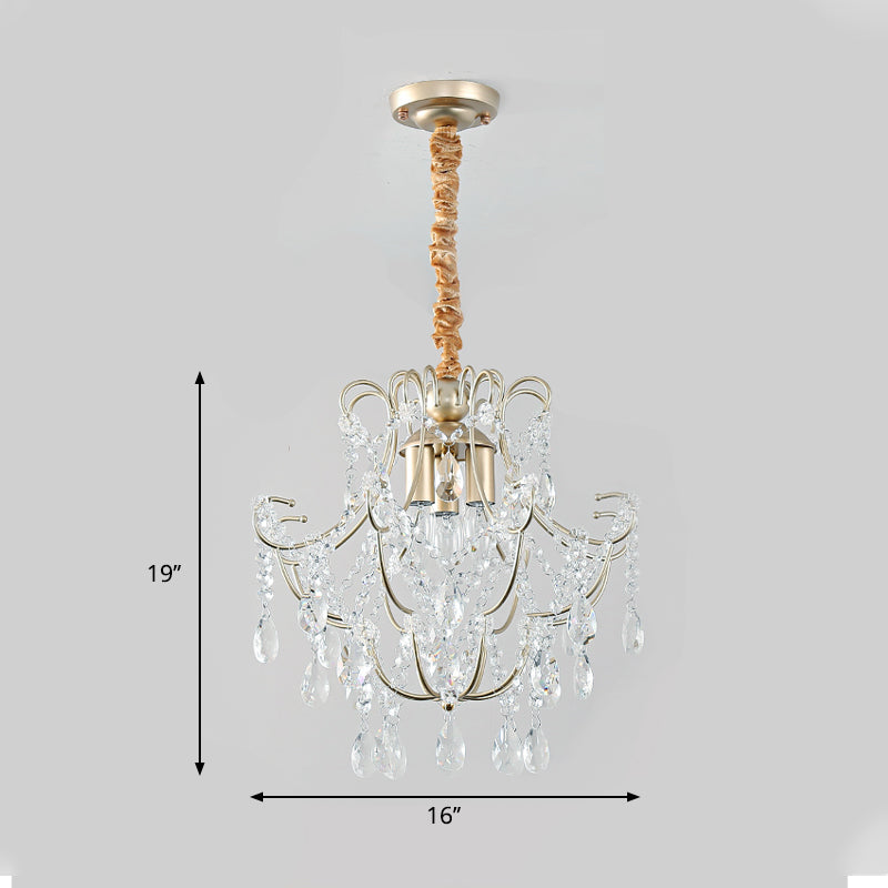 Bent Armed Metal Pendant Chandelier Transitional 3-Light Gold Ceiling Light Fixture with Crystal Draping