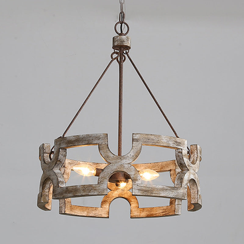 3-Lights Aged Wood Hollowed Shade Chandelier Light Rust Industrial Style Cafe Shop Lighting Fixture with Adjustable Hanging Chains