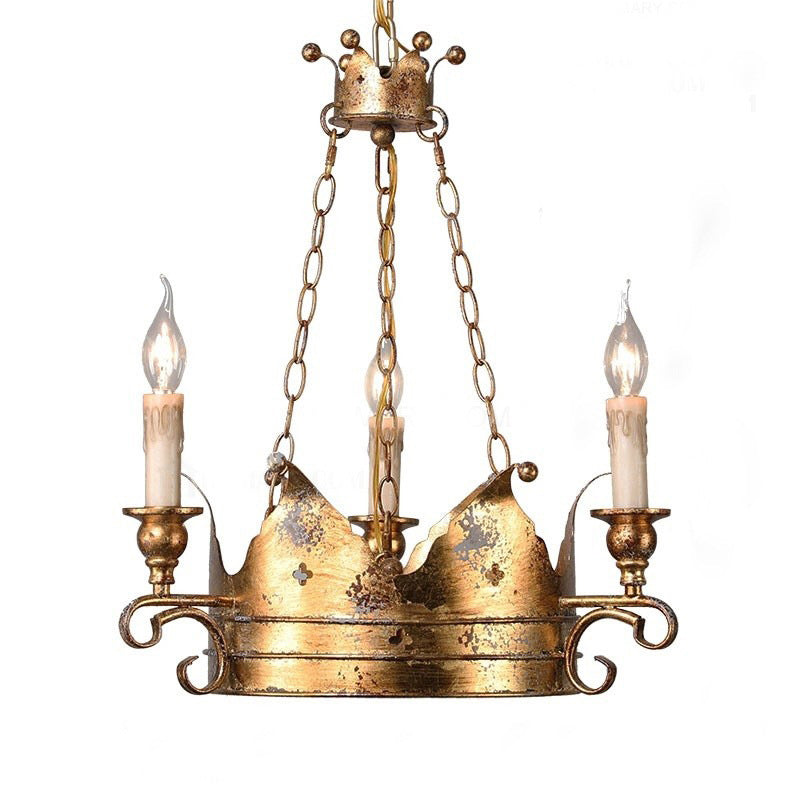 Vintage Rust Crown Suspension Chandelier Candlestick Shape Lamp Post Industrial Style Lighting Pendant in Gold for Dining Room
