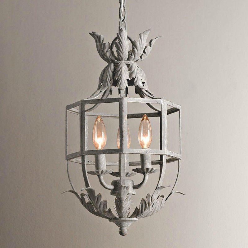 Industrial Style Aged Gray Iron Cage Chandelier Light Vintage Candlestick Shape Lamp Post Lighting Fixture with 39.5" Adjustable Chains