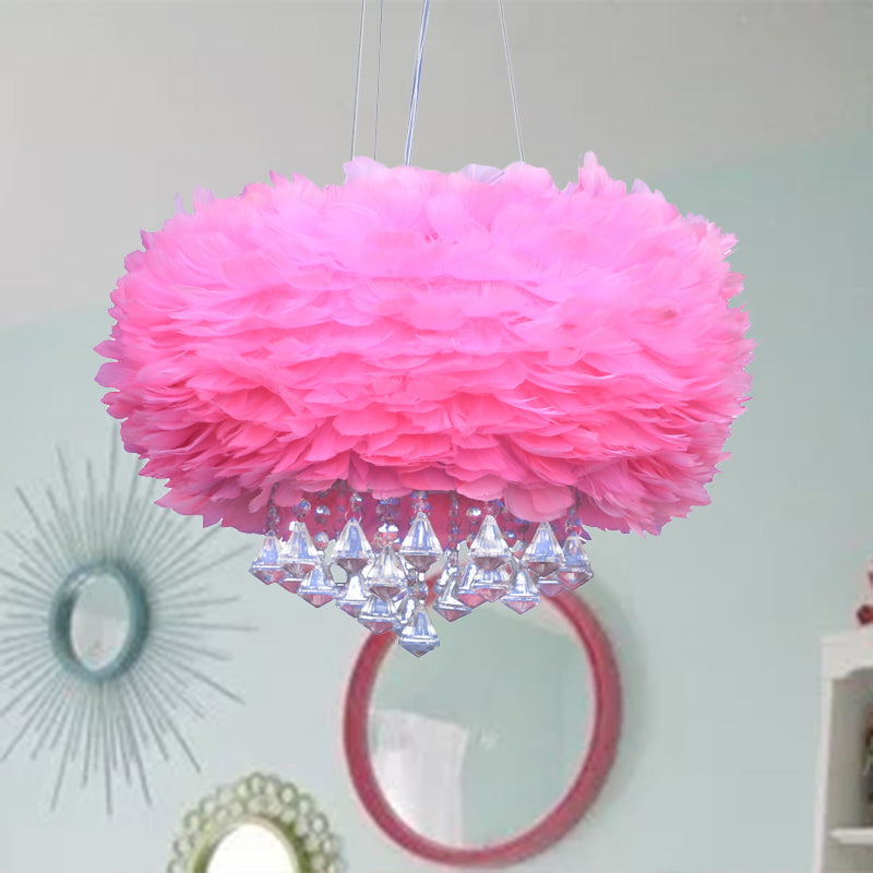 Pink Dome Pendant Light Contemporary 3 Lights Feather Chandelier Lamp with Crystal Draping