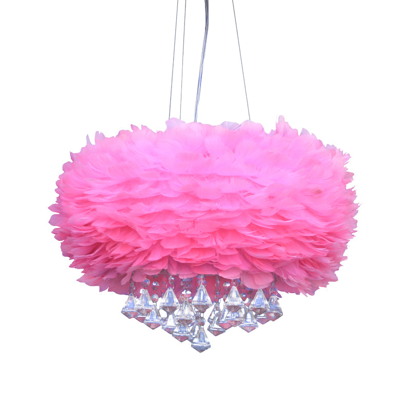 Pink Dome Pendant Light Contemporary 3 Lights Feather Chandelier Lamp with Crystal Draping