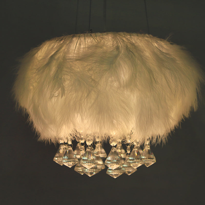 Round Fluff Chandelier Simple 3-Light White Dining Room Hanging Ceiling Light with Crystal Drop