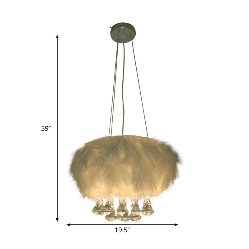 Round Fluff Chandelier Simple 3-Light White Dining Room Hanging Ceiling Light with Crystal Drop