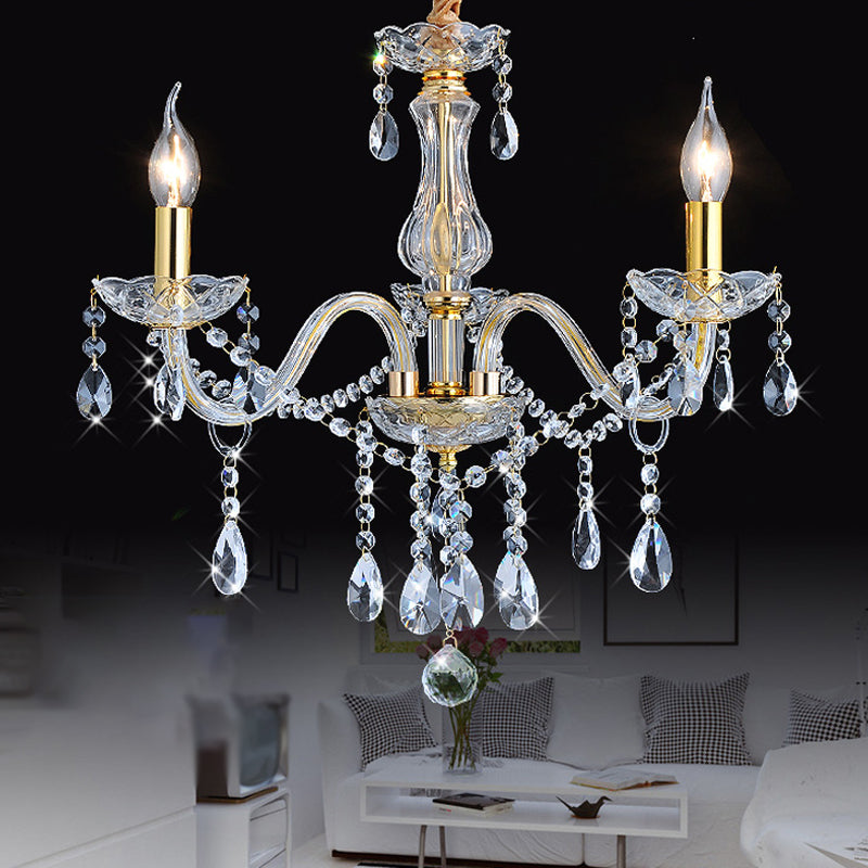 French Style Crystal Candle Chandelier 3 Lights Golden Ceiling Pendant Light