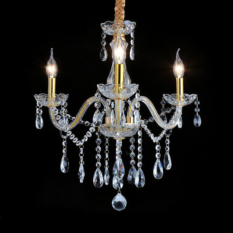 French Style Crystal Candle Chandelier 3 Lights Golden Ceiling Pendant Light