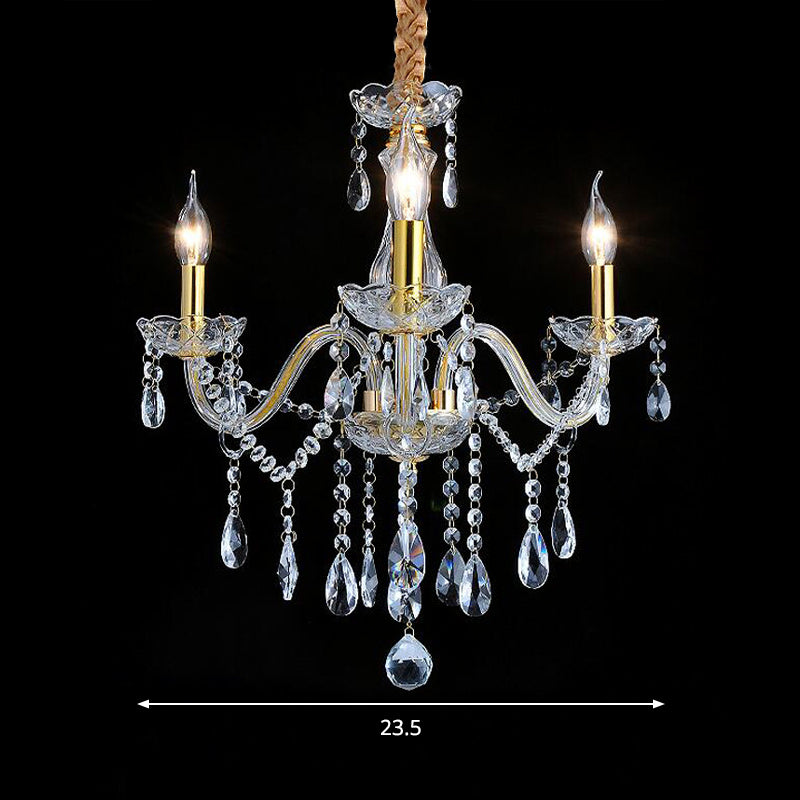 French Style Crystal Candle Chandelier 3 Lights Golden Ceiling Pendant Light