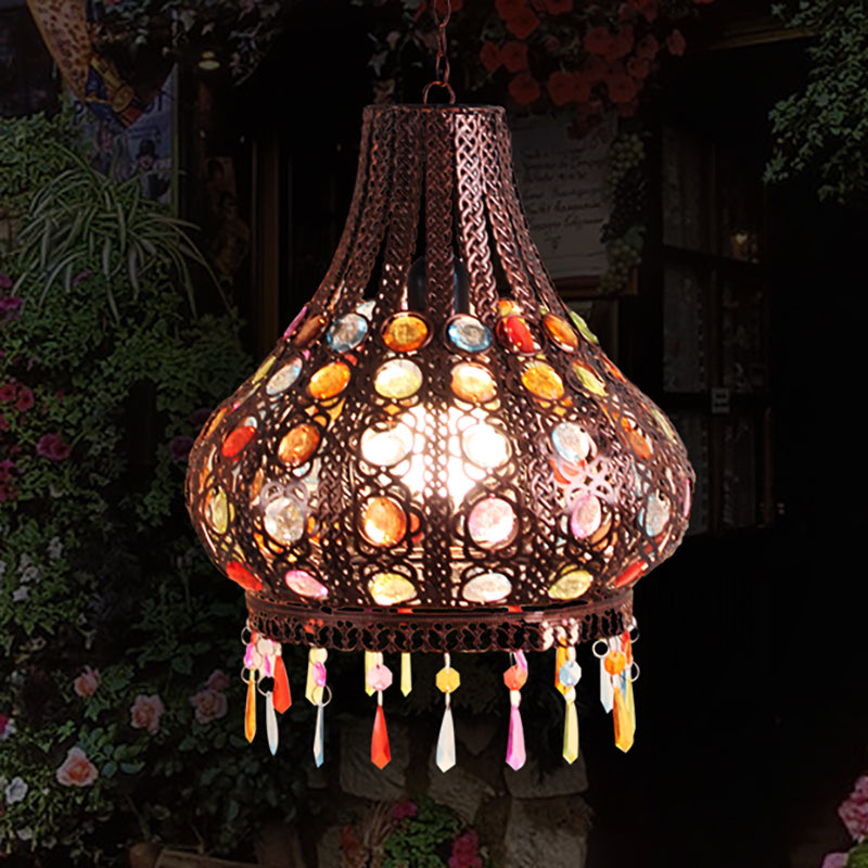 Bohemia Teardrop Ceiling Pendant Light Metal 1 Bulb Hanging Lamp with Decorative Gem in Weathered Copper