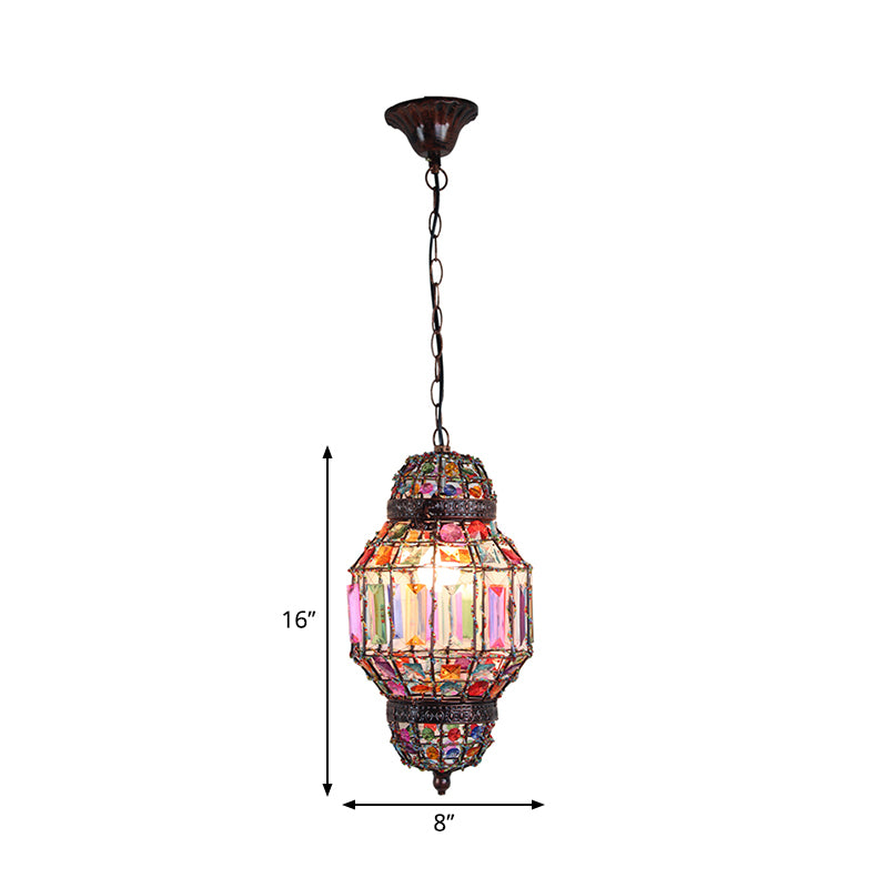 Éclairage pendentif par lanterne avec bloc de cristal et Bohême de perle 1 lumière de lustre légère en cuivre antique