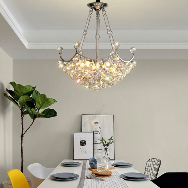 Clear Crystal Bowl Chandelier Light Fixture Modernist 6 Bulbs Dining Table Suspension Light in Chrome