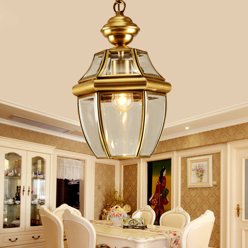 Lantern Hanging Light Fixture Traditional Glass Brass Suspended Lighting Fixture