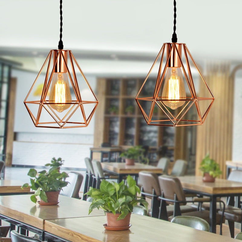 Diamond Cage Hanging Ceiling Light Simple Metal Dinning Room Pendant Lighting in Copper