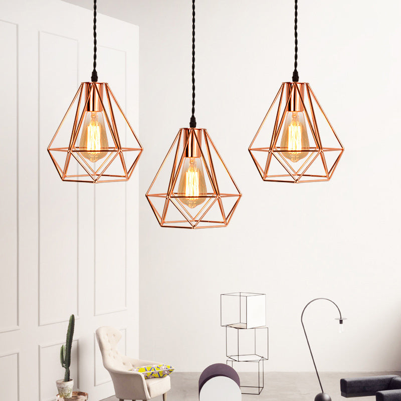 Diamond Cage Hanging Ceiling Light Simple Metal Dinning Room Pendant Lighting in Copper