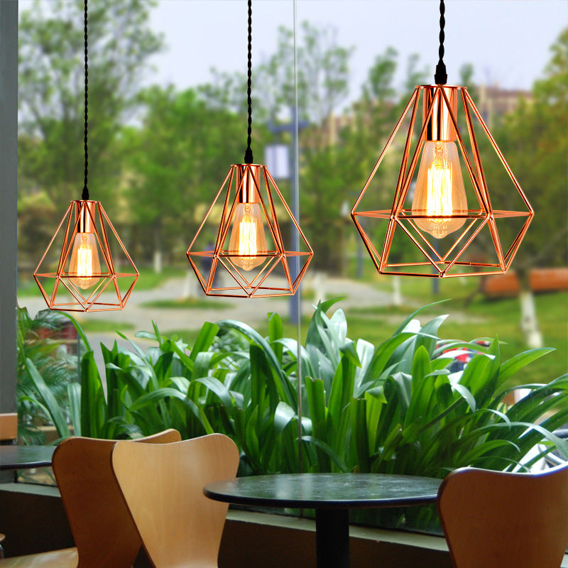 Diamond Cage Hanging Ceiling Light Simple Metal Dinning Room Pendant Lighting in Copper