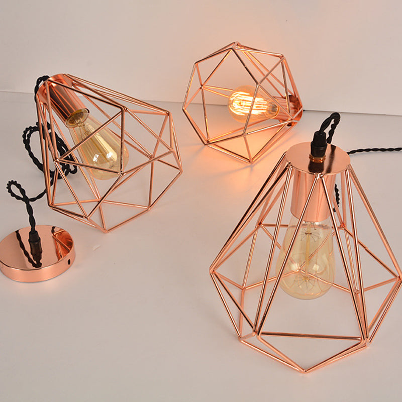 Diamond Cage Hanging Ceiling Light Simple Metal Dinning Room Pendant Lighting in Copper