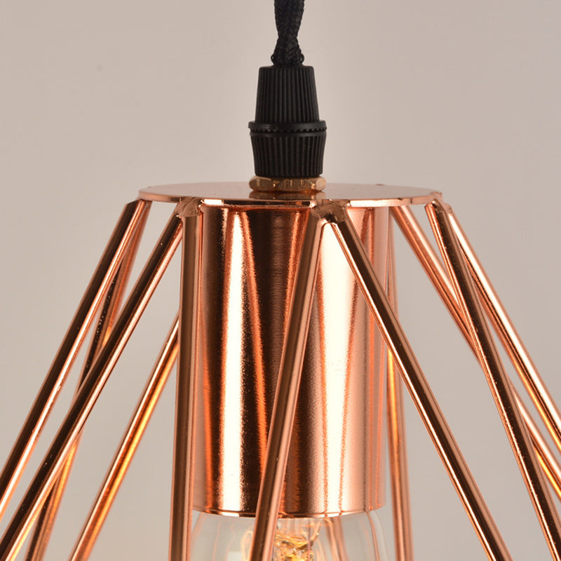 Diamond Cage Hanging Ceiling Light Simple Metal Dinning Room Pendant Lighting in Copper