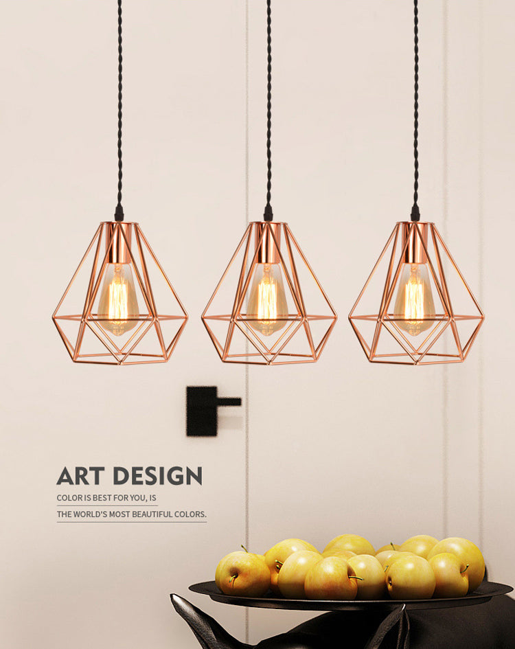 Diamond Cage Hanging Ceiling Light Simple Metal Dinning Room Pendant Lighting in Copper