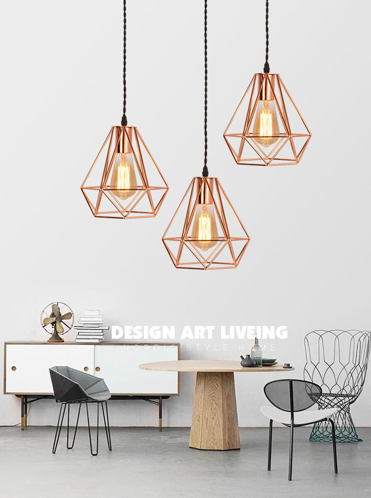 Diamond Cage Hanging Ceiling Light Simple Metal Dinning Room Pendant Lighting in Copper