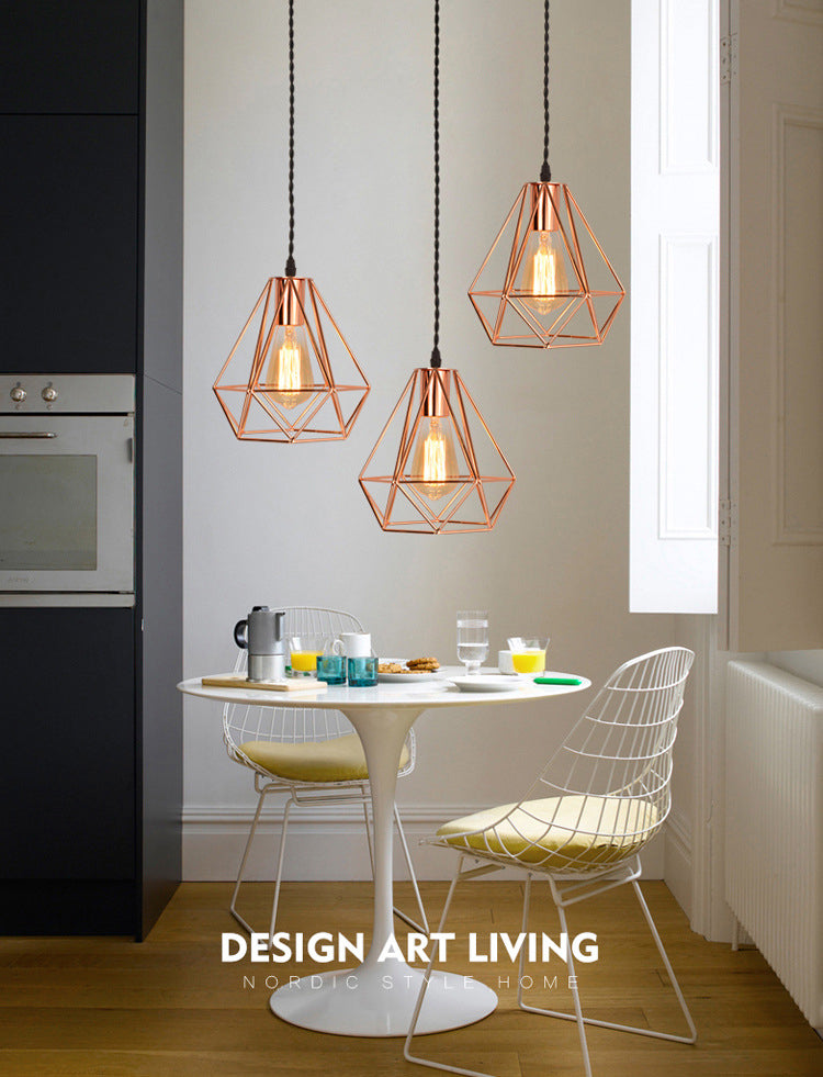 Diamond Cage Hanging Ceiling Light Simple Metal Dinning Room Pendant Lighting in Copper