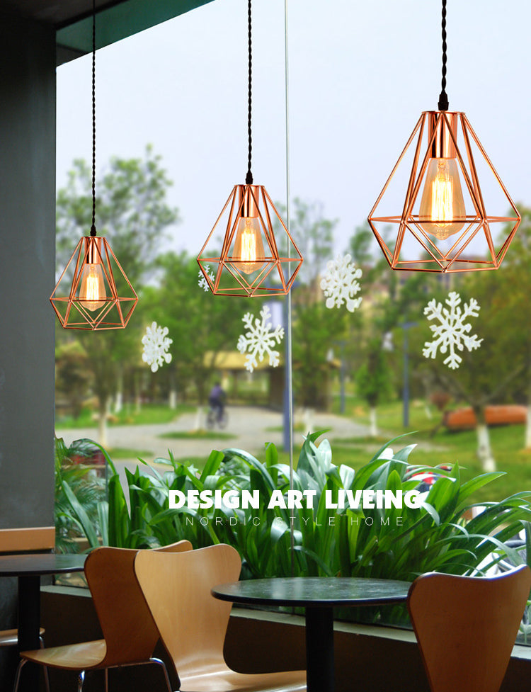 Diamond Cage Hanging Ceiling Light Simple Metal Dinning Room Pendant Lighting in Copper