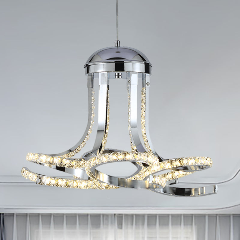 Chrome Twisted Suspension Light Modernism Metal and Crystal LED Hanging Chandelier in Warm/White Light