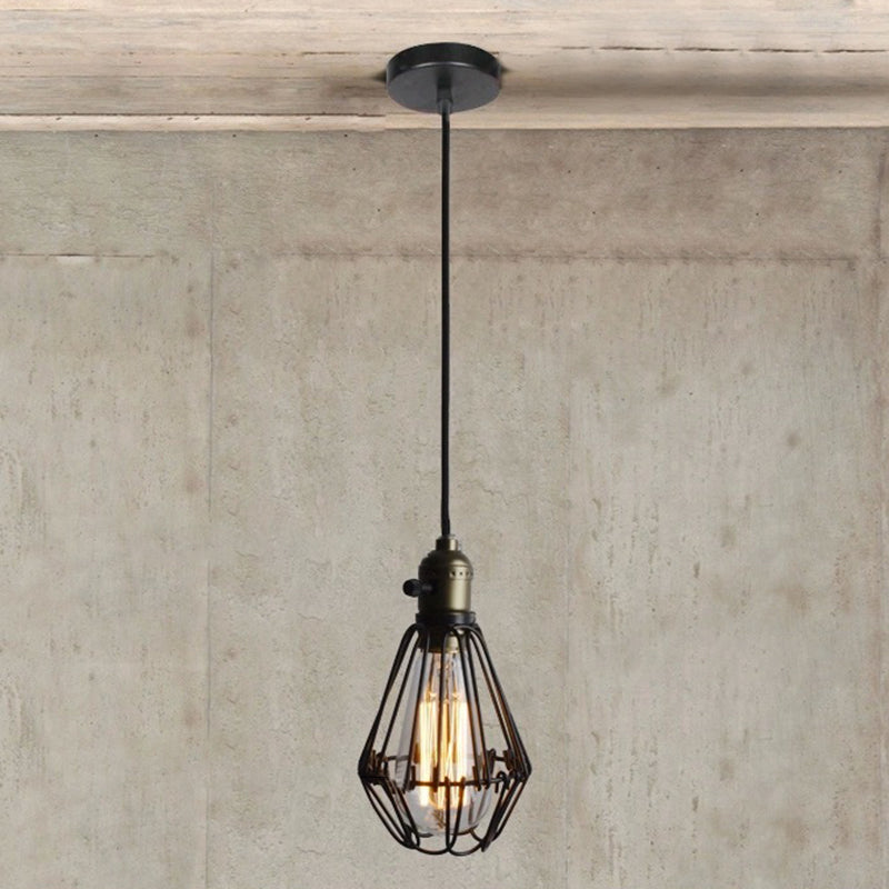 Small Cage Coffee Shop Hanging Light Fixture Antiqued Metal Black Pendant Ceiling Light