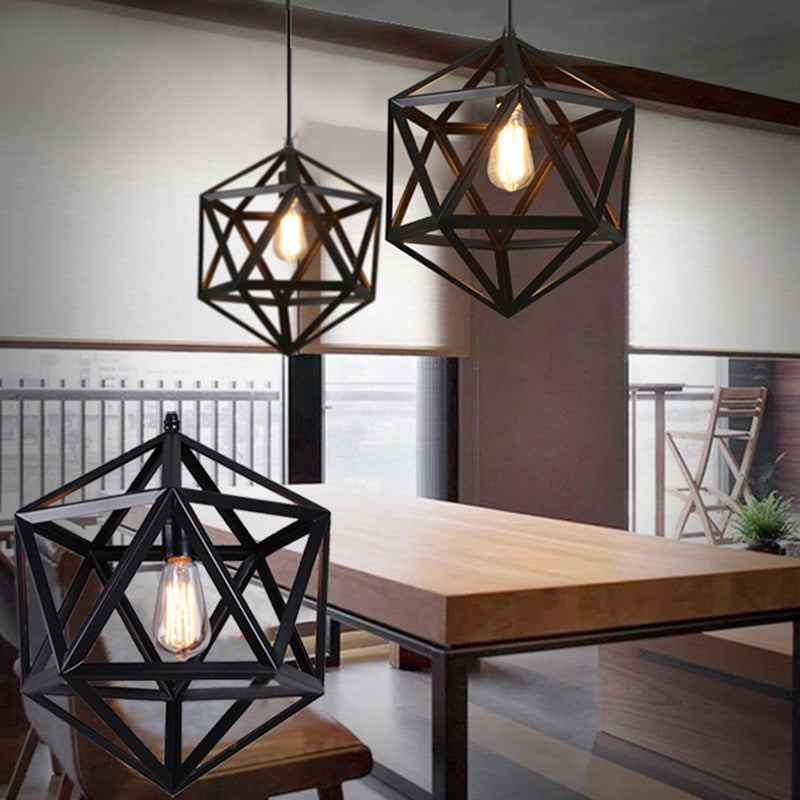 Geometric Metal Pendant Light Fixture Vintage Style Restaurant Hanging Ceiling Light in Black