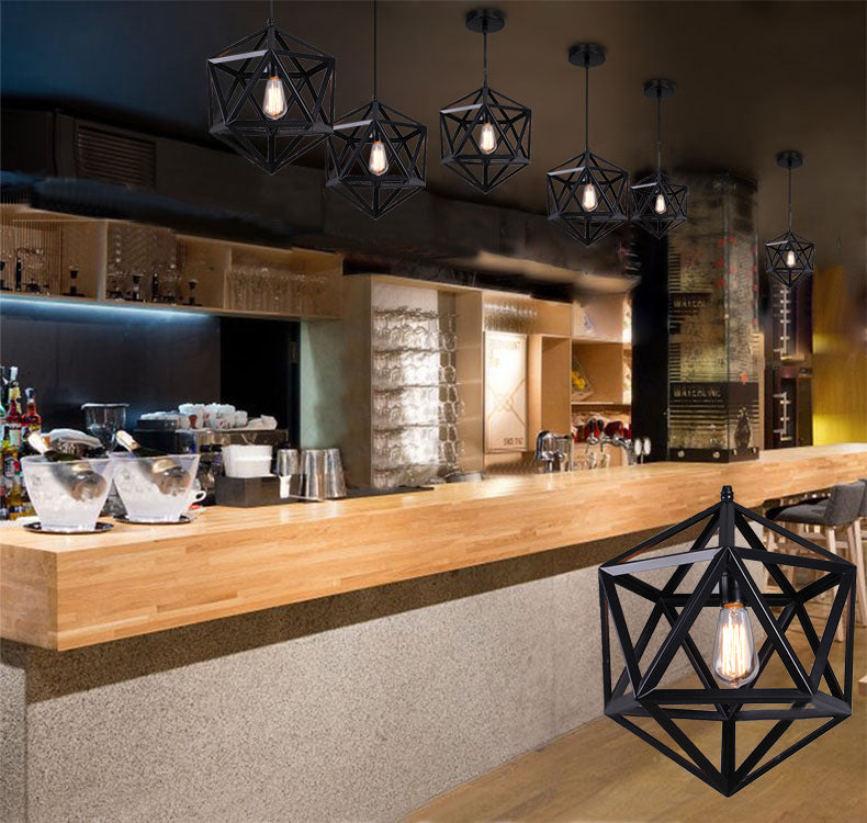 Geometric Metal Pendant Light Fixture Vintage Style Restaurant Hanging Ceiling Light in Black