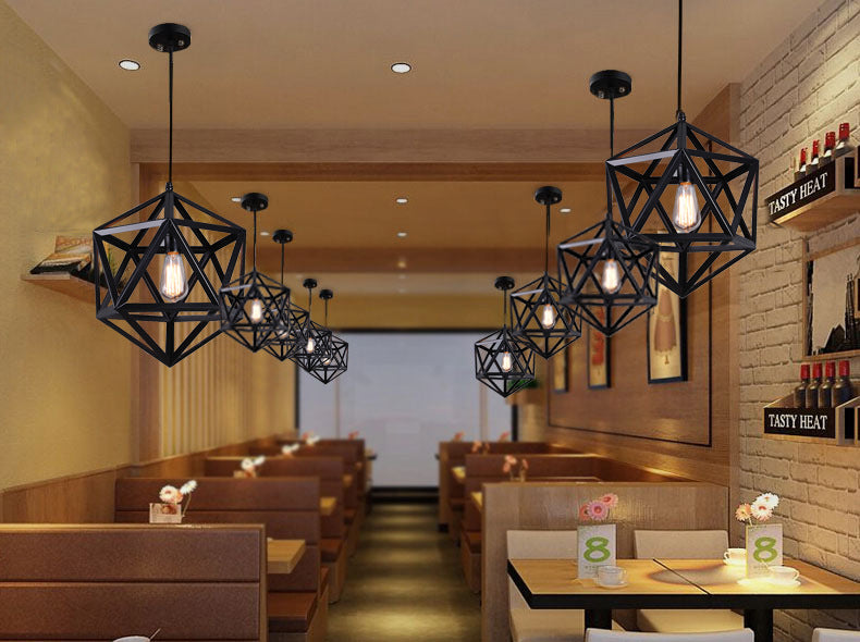 Geometric Metal Pendant Light Fixture Vintage Style Restaurant Hanging Ceiling Light in Black