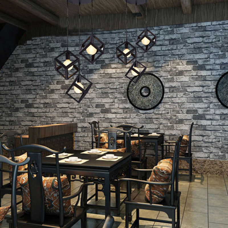 Square Cage Restaurant Pendant Ceiling Light Vintage Metal Black Hanging Light Fixture