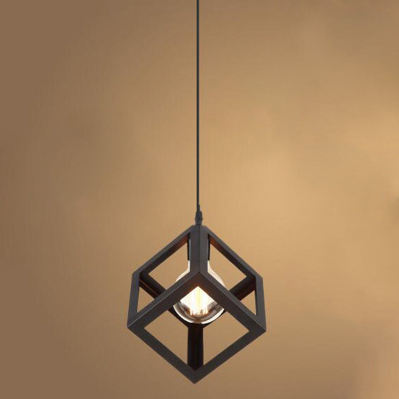 Square Cage Restaurant Pendant Ceiling Light Vintage Metal Black Hanging Light Fixture