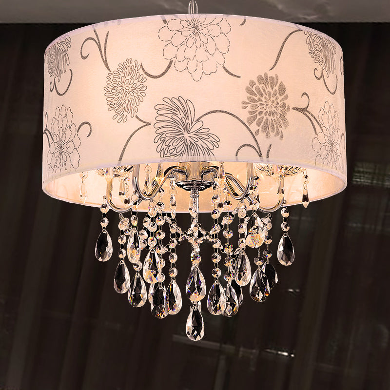 Printing Fabric Shade Pendant Light Crystal Vintage 5 Lights Ceiling Chandelier with Flower Pattern in Chrome