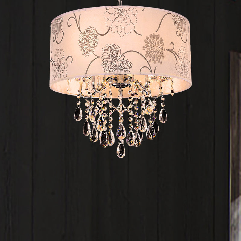 Stampa tessuto tonalità a sospensione Crystal Crystal Vintage 5 Luci lampadario soffitto con motivo a fiore in cromo