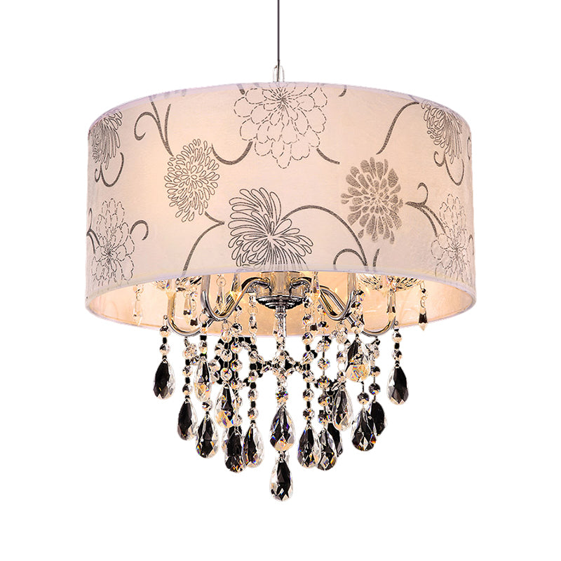 Printing Fabric Shade Pendant Light Crystal Vintage 5 Lights Ceiling Chandelier with Flower Pattern in Chrome