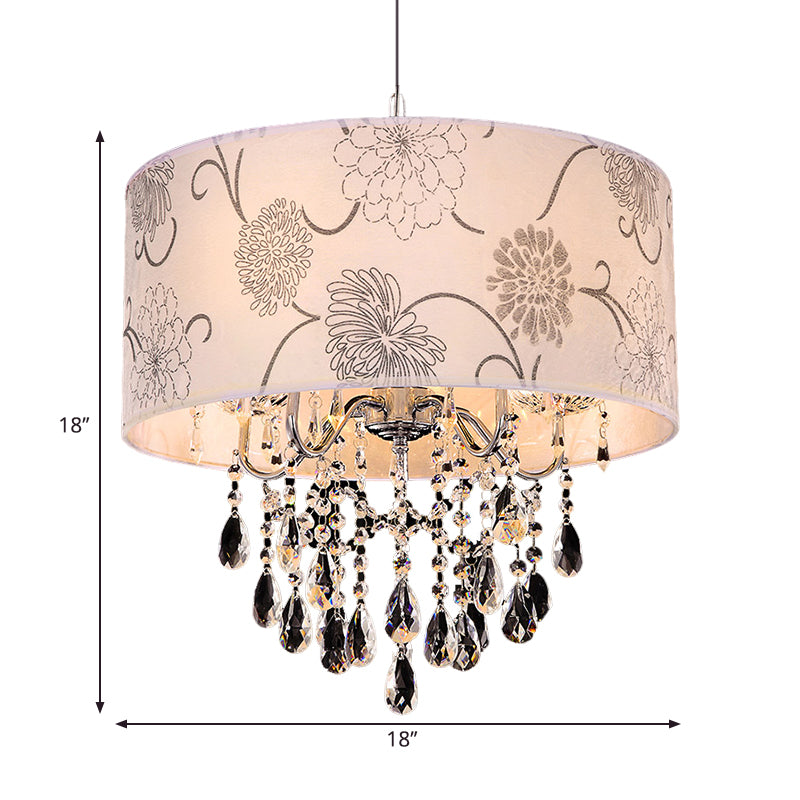 Printing Fabric Shade Pendant Light Crystal Vintage 5 Lights Ceiling Chandelier with Flower Pattern in Chrome