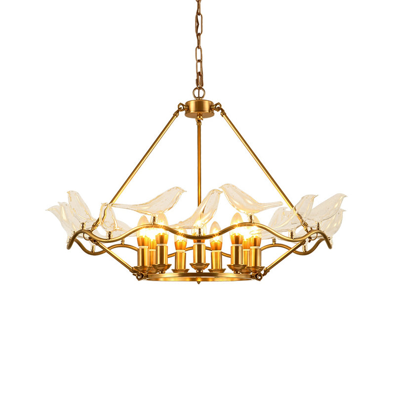 Wavy Ceiling Chandelier with Clear Crystal Bird Shade Mid Century 9 Lights Pendant Lighting in Brass