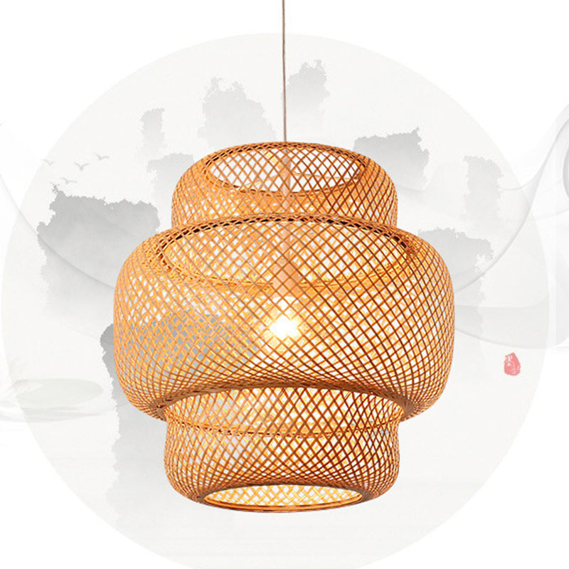 1 licht gelaagde hanglampverlichting Japanse rattan hanger verlichtingsarmaturen voor restaurant