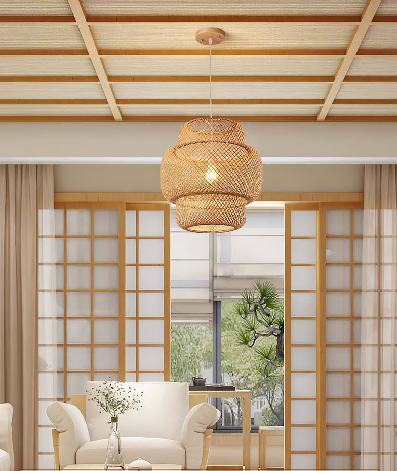 1 licht gelaagde hanglampverlichting Japanse rattan hanger verlichtingsarmaturen voor restaurant