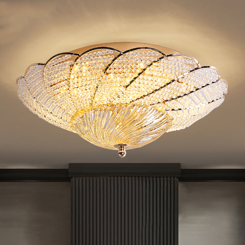 13"/16.5"/20.5" W Scalloped Flush Light with Crystal Bead Vintage Ceiling Lamp in Gold, Yellow/White Light