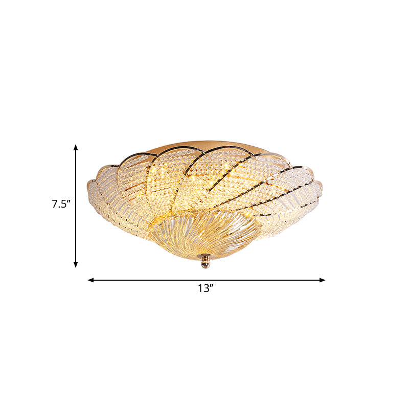 13"/16.5"/20.5" W gewellte Flush Lampe mit Kristallperle Vintage Deckenleuchte in Gold, Gelb/Weiß Licht