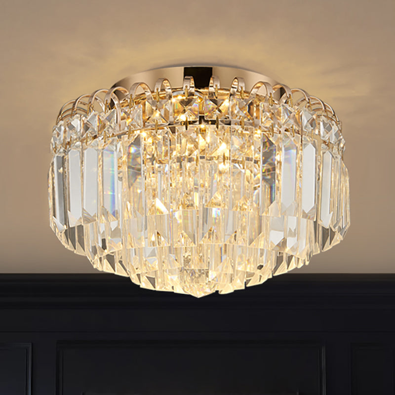 16"/19.5" Width Crystal Prism Flush Mount Lighting with Round Shade Modern LED Ceiling Fixture in Brass