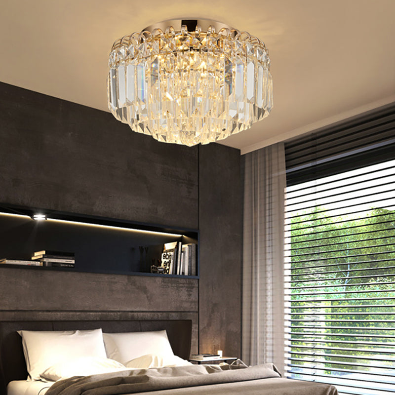 16"/19.5" Width Crystal Prism Flush Mount Lighting with Round Shade Modern LED Ceiling Fixture in Brass