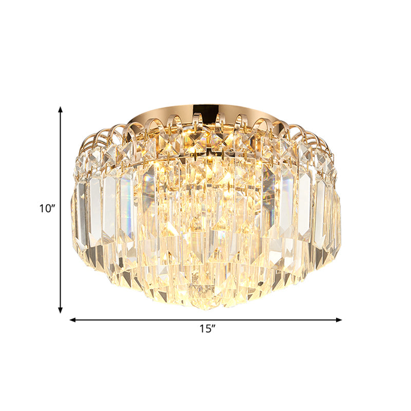 16"/19.5" Width Crystal Prism Flush Mount Lighting with Round Shade Modern LED Ceiling Fixture in Brass