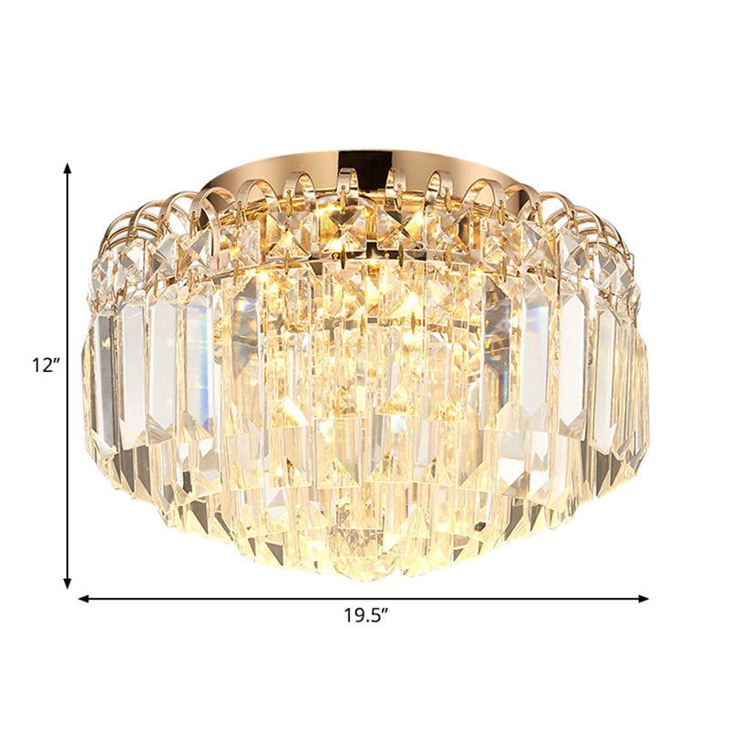 16"/19.5" Width Crystal Prism Flush Mount Lighting with Round Shade Modern LED Ceiling Fixture in Brass