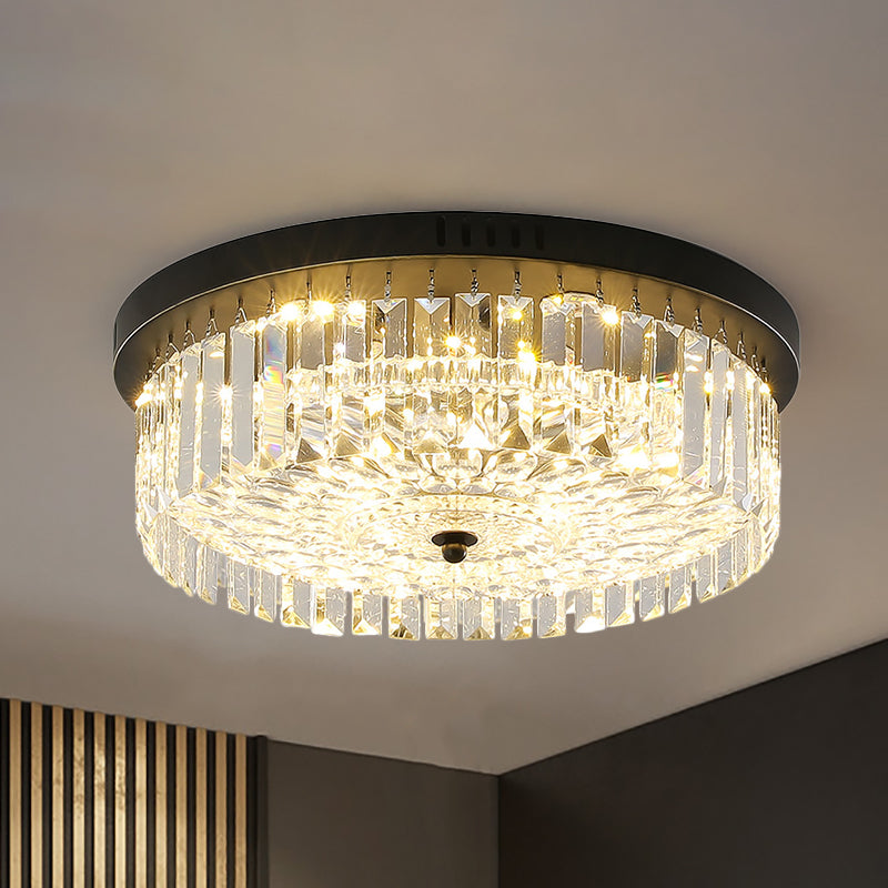 Black Finish Round Ceiling Lighting Crystal Modern Bedroom Flush Mount Lamp, 10"/14"/18" Width