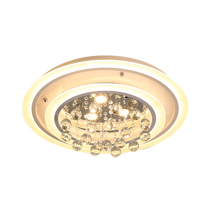 Round Flush Mount Light Modern Crystal Ball and White Acrylic LED Ceiling Light in White Light/Remote Control Stepless Dimming, 19.5"/23.5" Wide